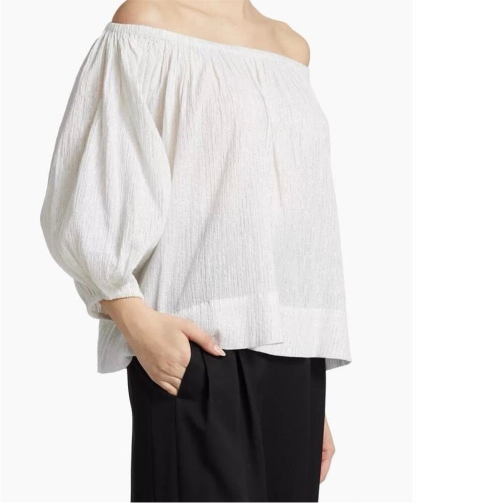 Suzi Kondi Rhea top long sleeve top lurex gauze Off-Shoulder White Blouse NEW